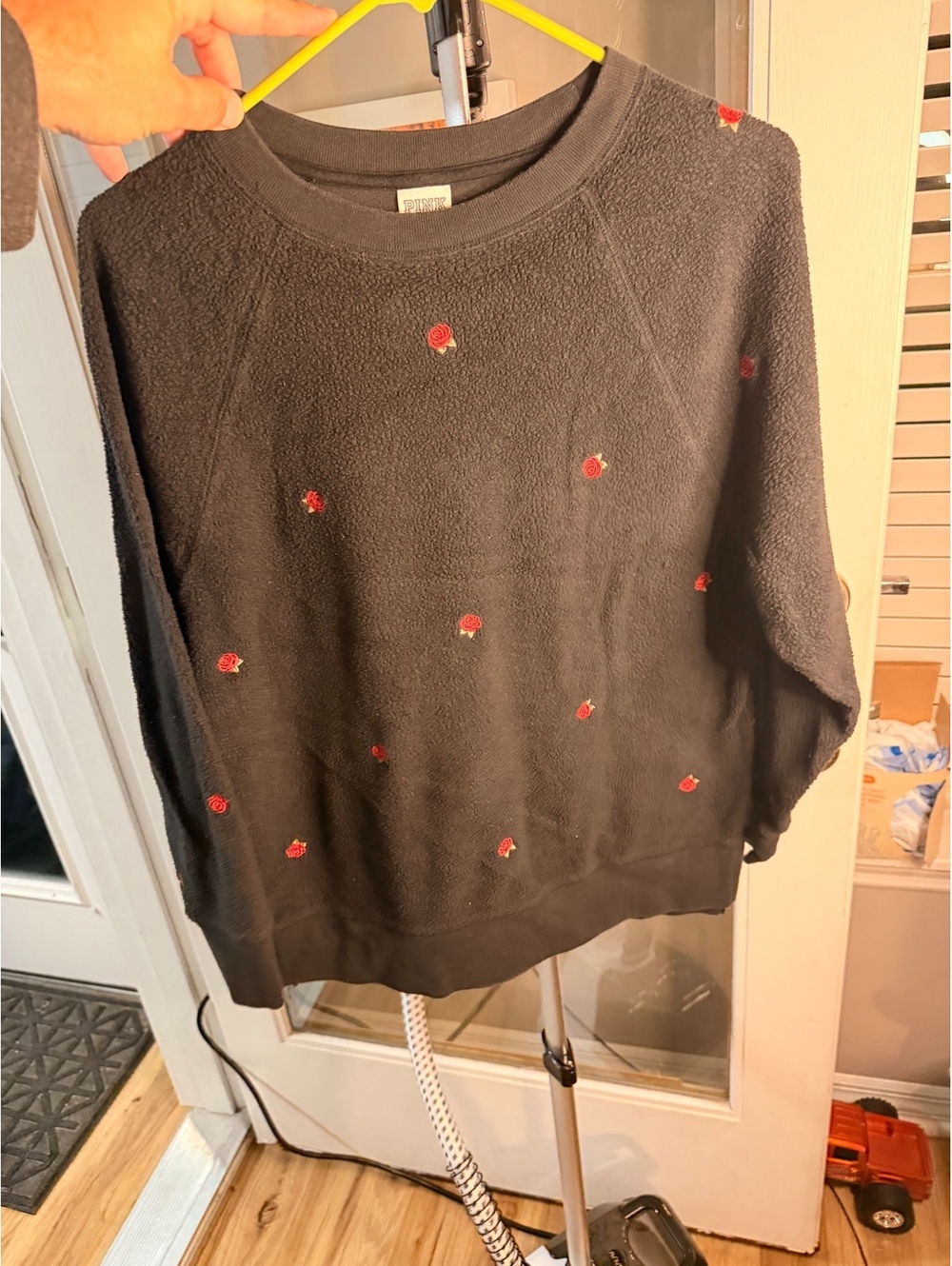 PINK Sweater with Red Rose Print
